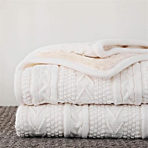 Acrylic Cable Knit Sherpa Throw Blanket – Thick, Soft, Big, Cozy Ivory White - Picture 7 of 7